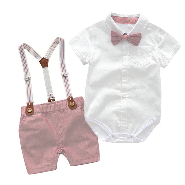 2PCS Baby Boy Plaid Bowtie Romper Suspender Outfit for Newborn