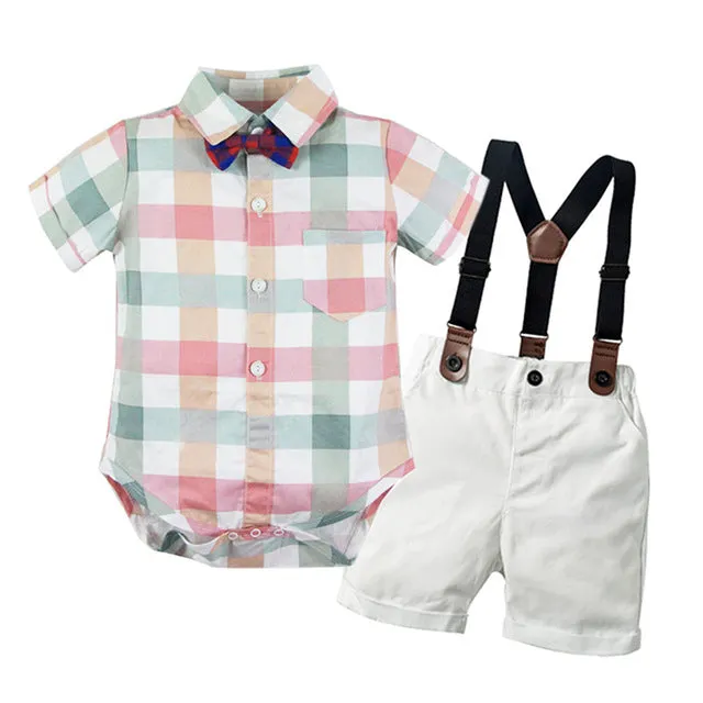 2PCS Baby Boy Plaid Bowtie Romper Suspender Outfit for Newborn