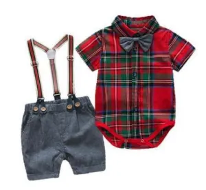 2PCS Baby Boy Plaid Bowtie Romper Suspender Outfit for Newborn