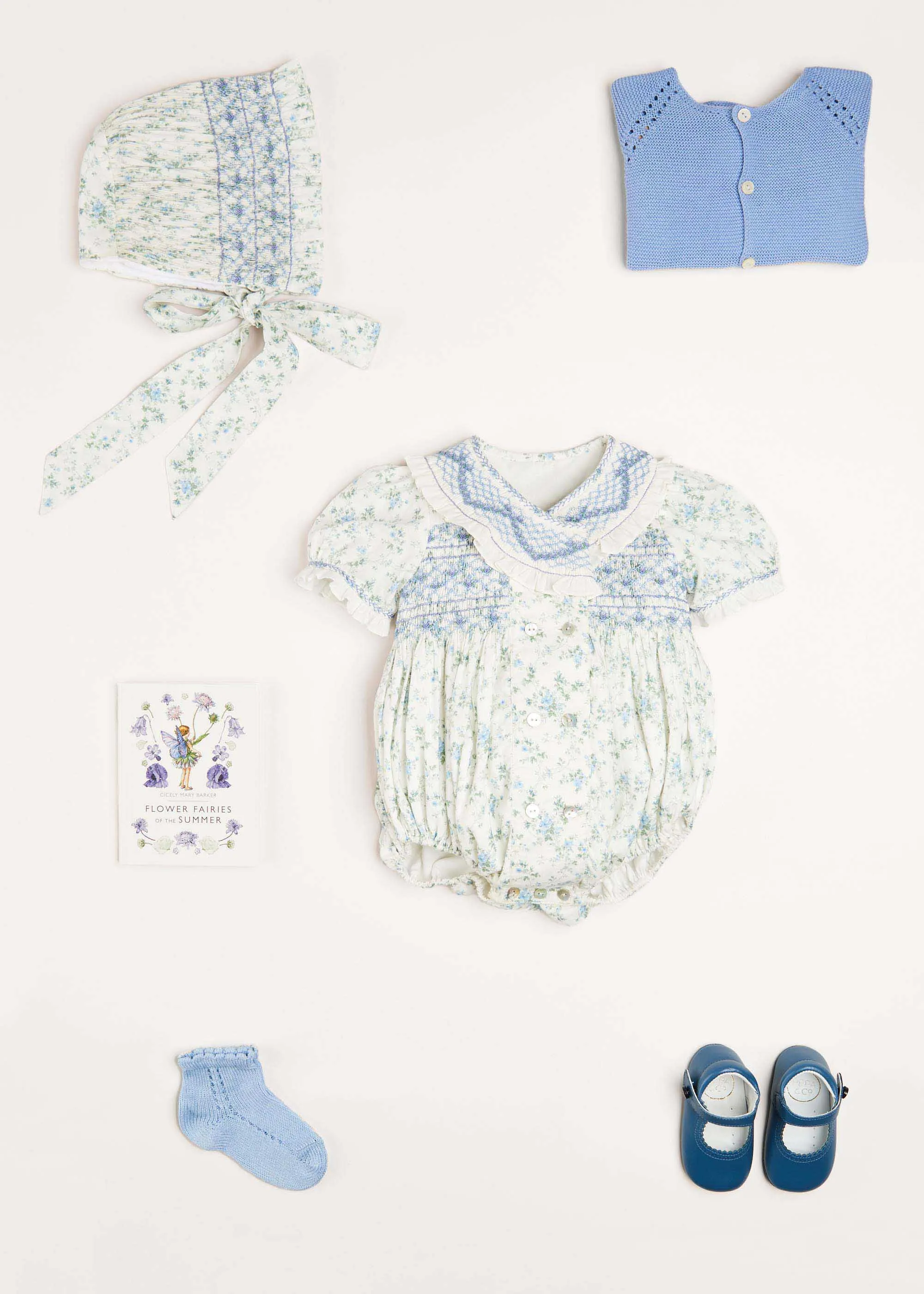 Alice Floral Print Hand Smocked Double Breasted Short Sleeve Romper in Blue (6mths-2yrs)