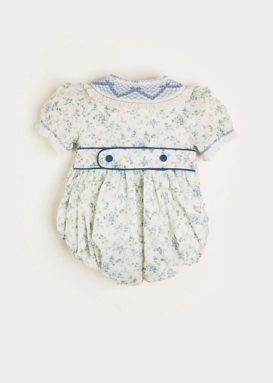 Alice Floral Print Hand Smocked Double Breasted Short Sleeve Romper in Blue (6mths-2yrs)