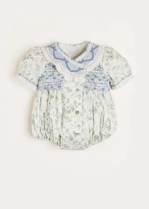 Alice Floral Print Hand Smocked Double Breasted Short Sleeve Romper in Blue (6mths-2yrs)