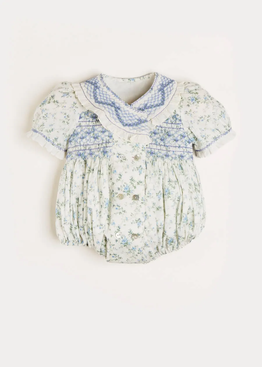 Alice Floral Print Hand Smocked Double Breasted Short Sleeve Romper in Blue (6mths-2yrs)