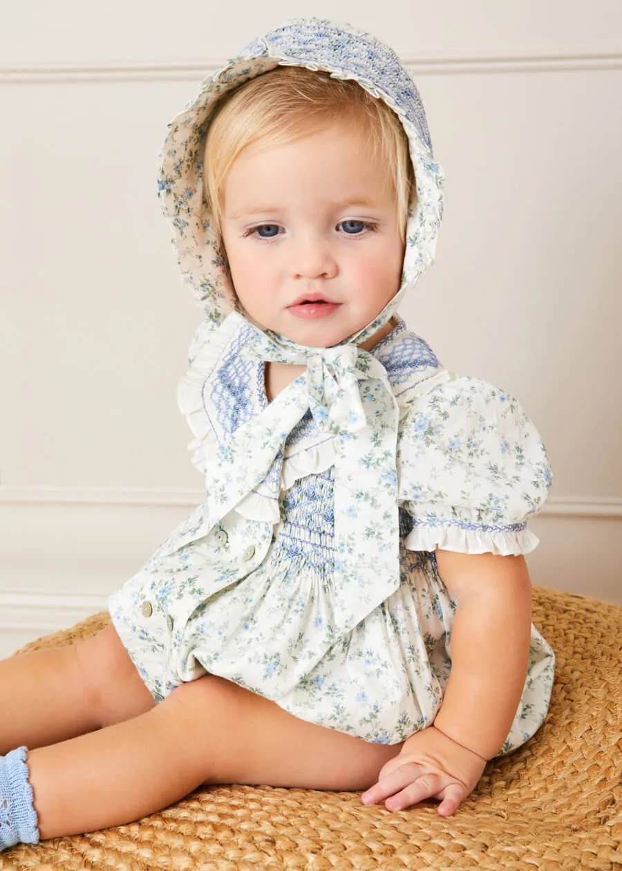 Alice Floral Print Hand Smocked Double Breasted Short Sleeve Romper in Blue (6mths-2yrs)