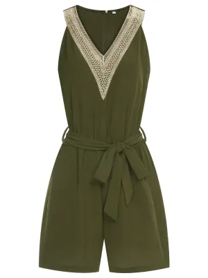 Army Green 1950s Lace V-Neck Patchwork Romper