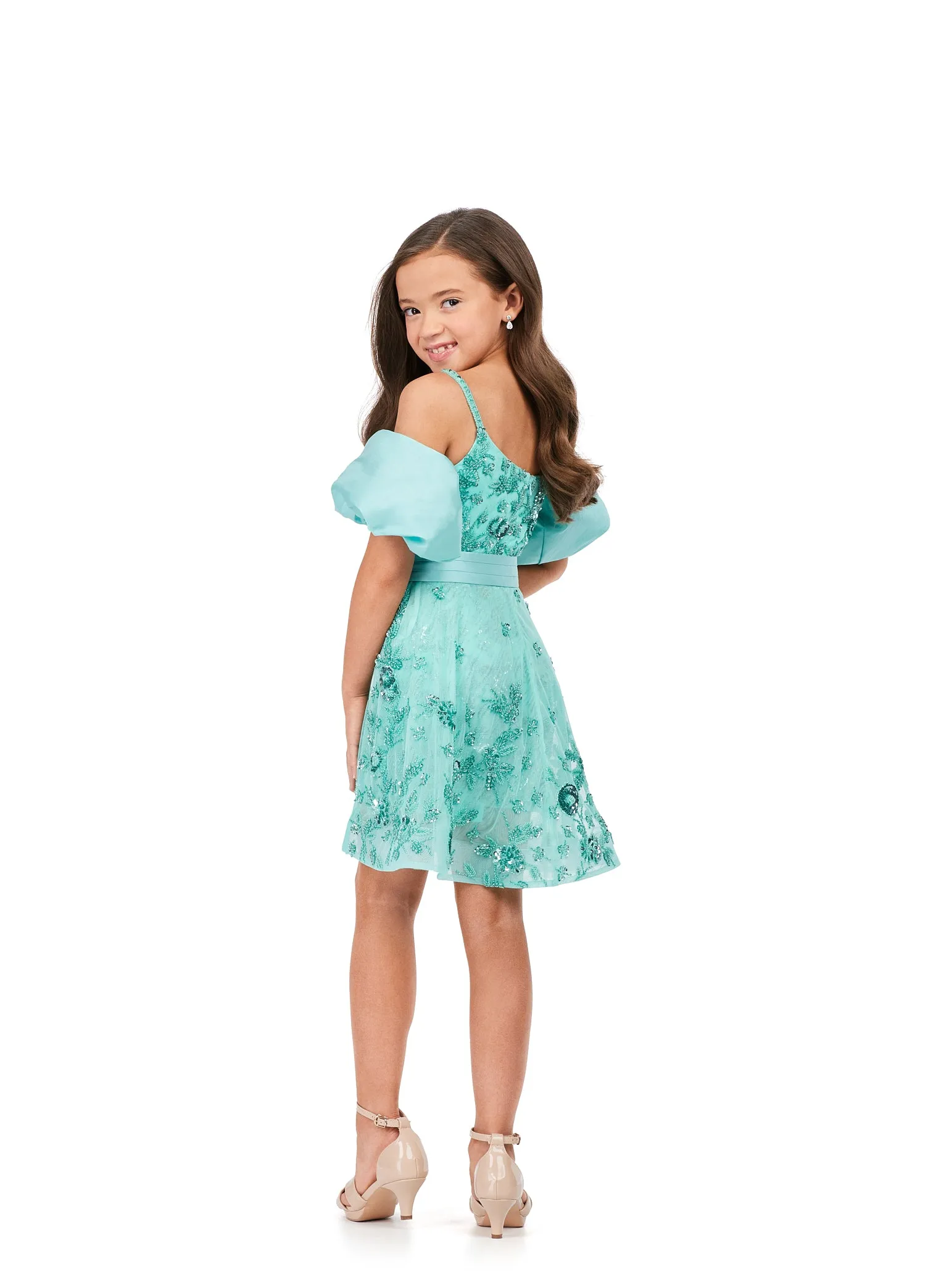 Ashley Lauren Kids 8233 Fully Beaded Spaghetti Straps With Detachable Puff Sleeves Detachable Overskirt Romper