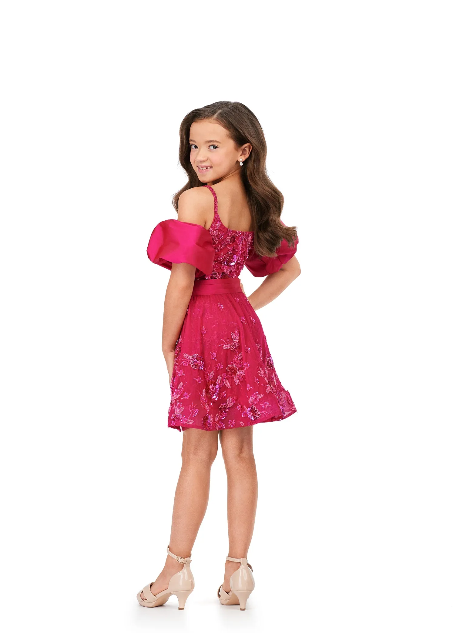 Ashley Lauren Kids 8233 Fully Beaded Spaghetti Straps With Detachable Puff Sleeves Detachable Overskirt Romper