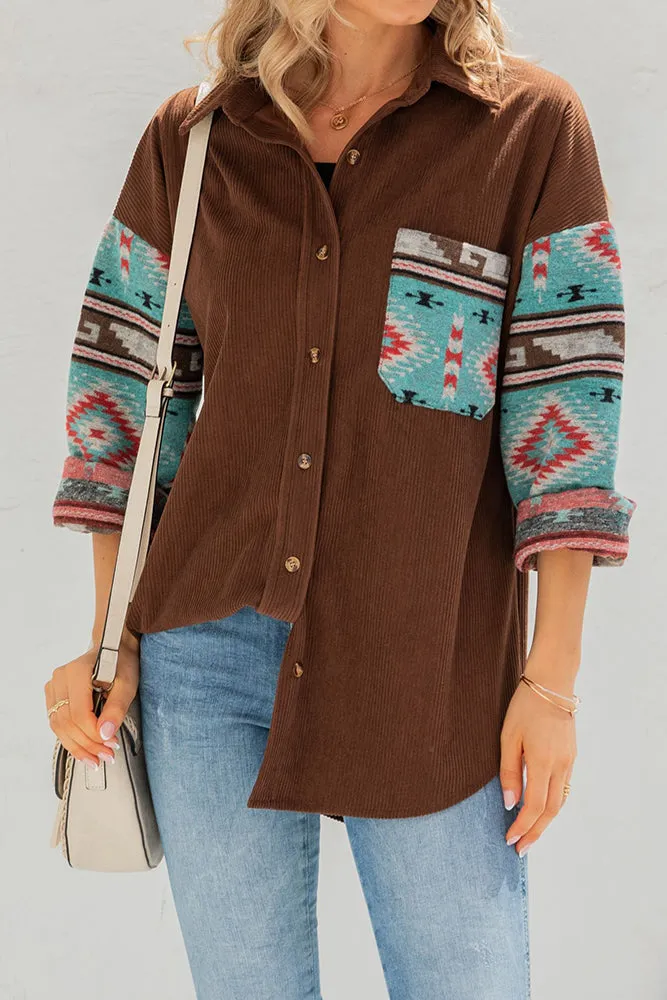 Aztec Pattern Sleeve Pocketed Corduroy Shirt