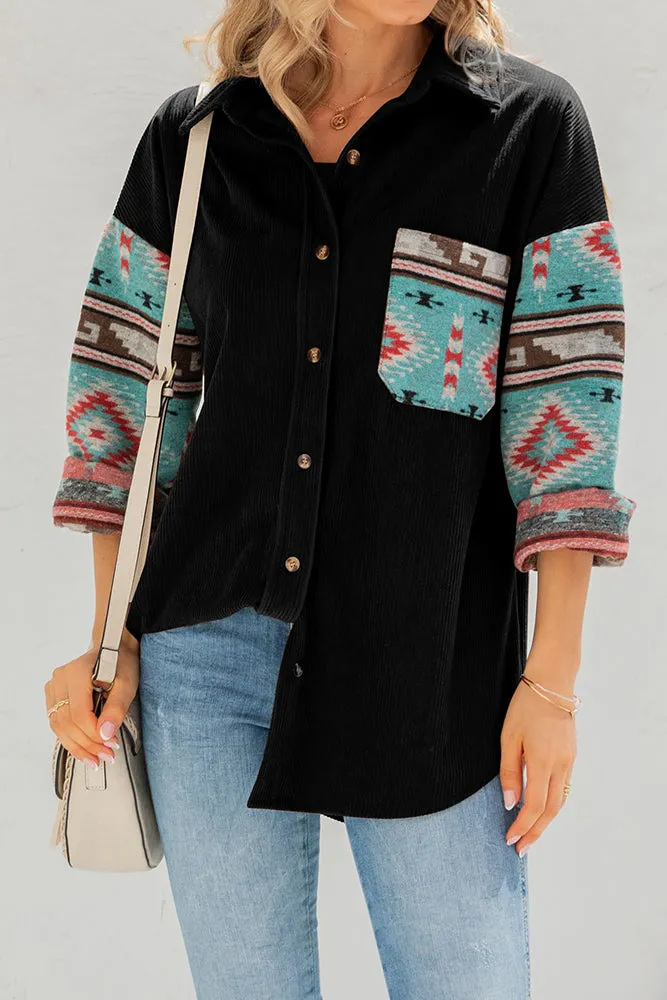 Aztec Pattern Sleeve Pocketed Corduroy Shirt