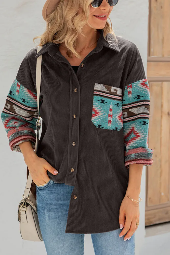 Aztec Pattern Sleeve Pocketed Corduroy Shirt