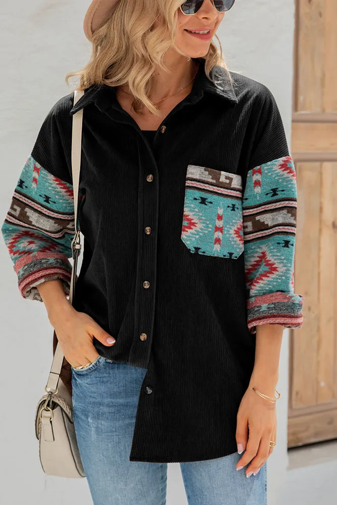 Aztec Pattern Sleeve Pocketed Corduroy Shirt