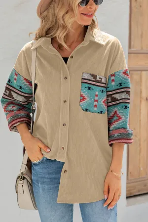 Aztec Pattern Sleeve Pocketed Corduroy Shirt