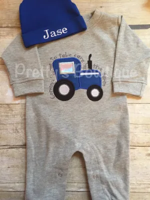 Baby Boy Coming Home Outfit -- Coming home to take care of the farm Romper with Hat with Embroidered Name