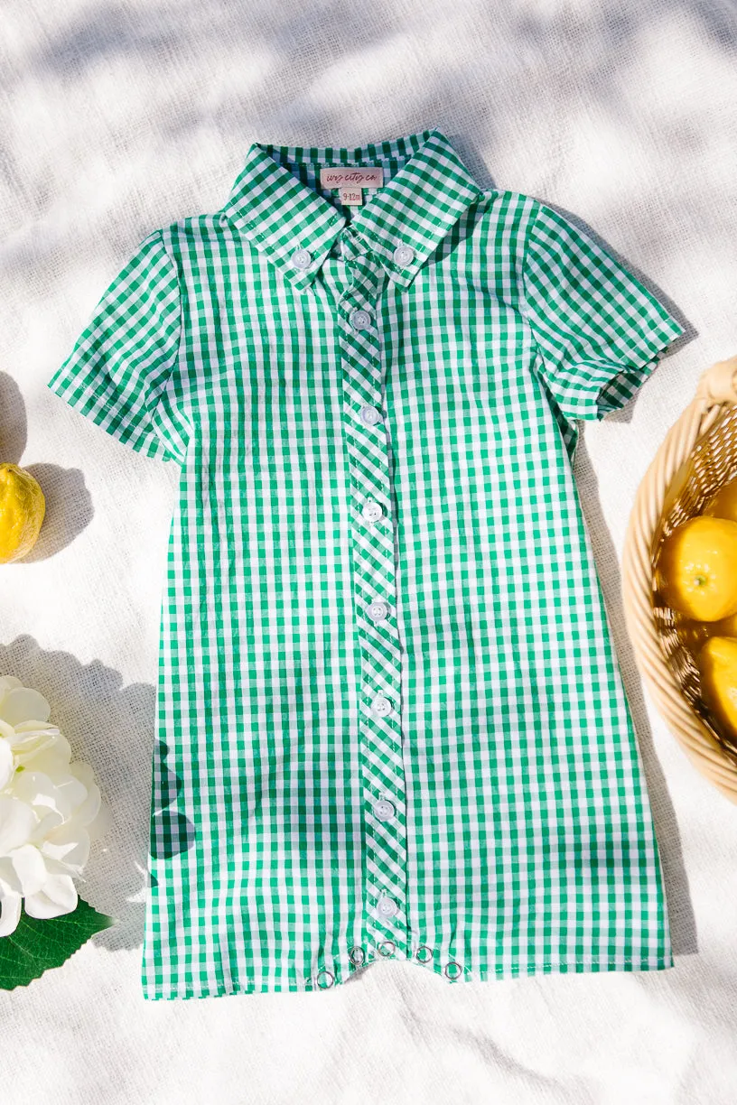 Baby Boy James Romper in Green Gingham - FINAL SALE