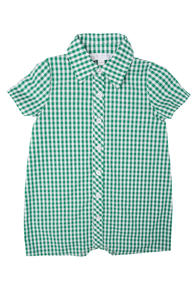 Baby Boy James Romper in Green Gingham - FINAL SALE