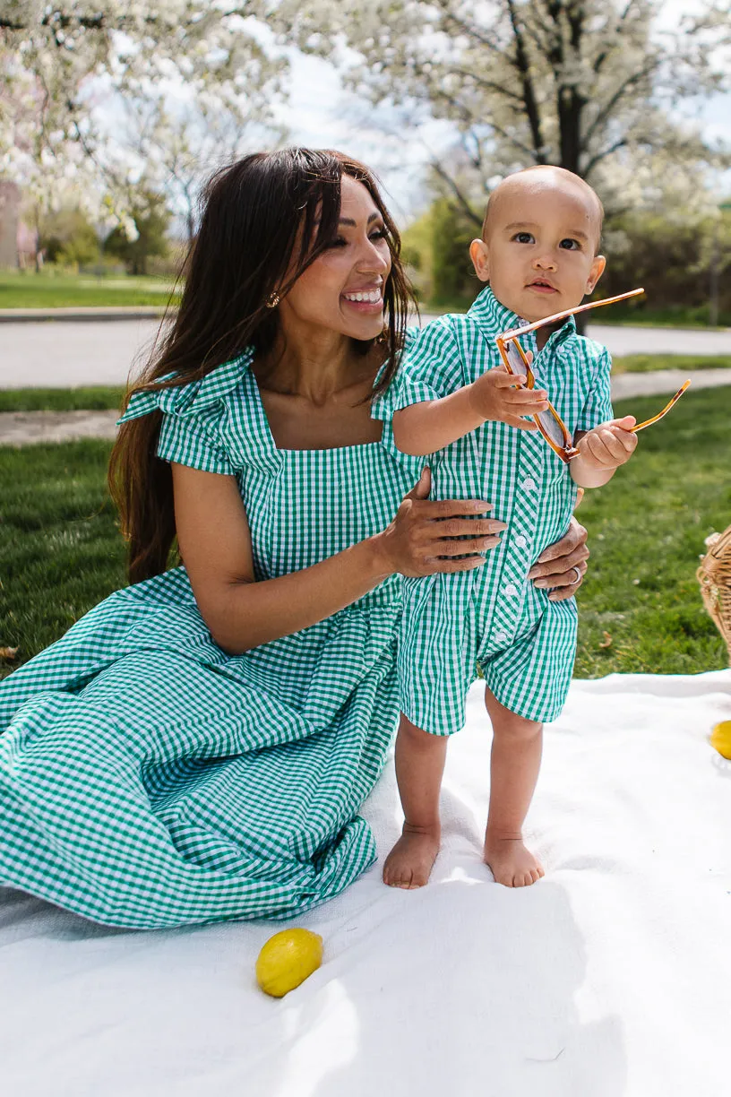 Baby Boy James Romper in Green Gingham - FINAL SALE