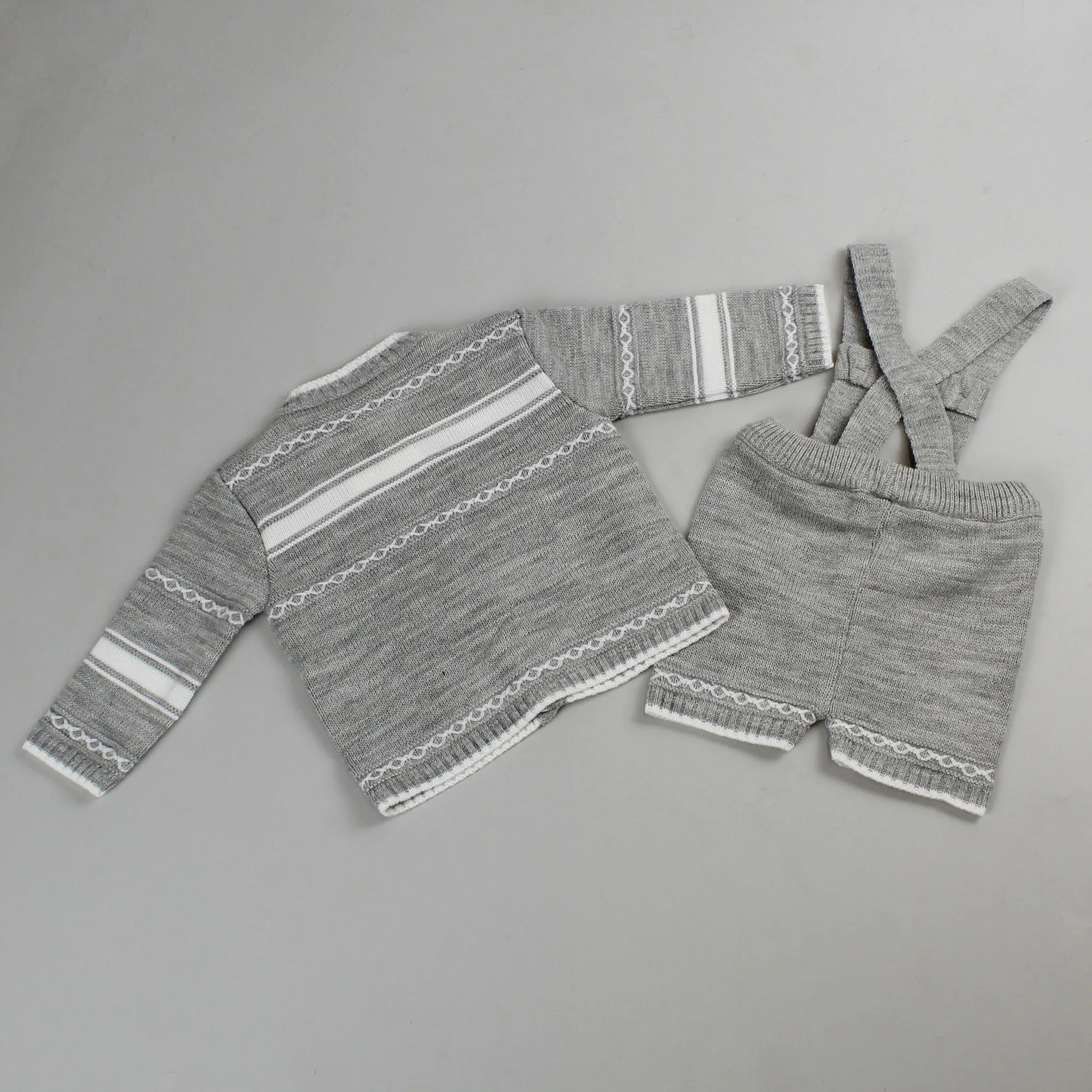 Baby Boys Knitted Outfit with Braces and Cardigan - Grey