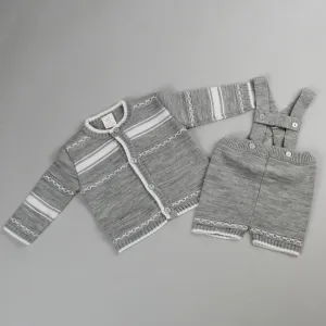 Baby Boys Knitted Outfit with Braces and Cardigan - Grey