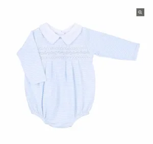 Baby boys magnolia Smocked romper blue and white .