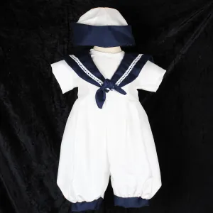 Baby Boys White Christening Romper with Hat - White & Navy