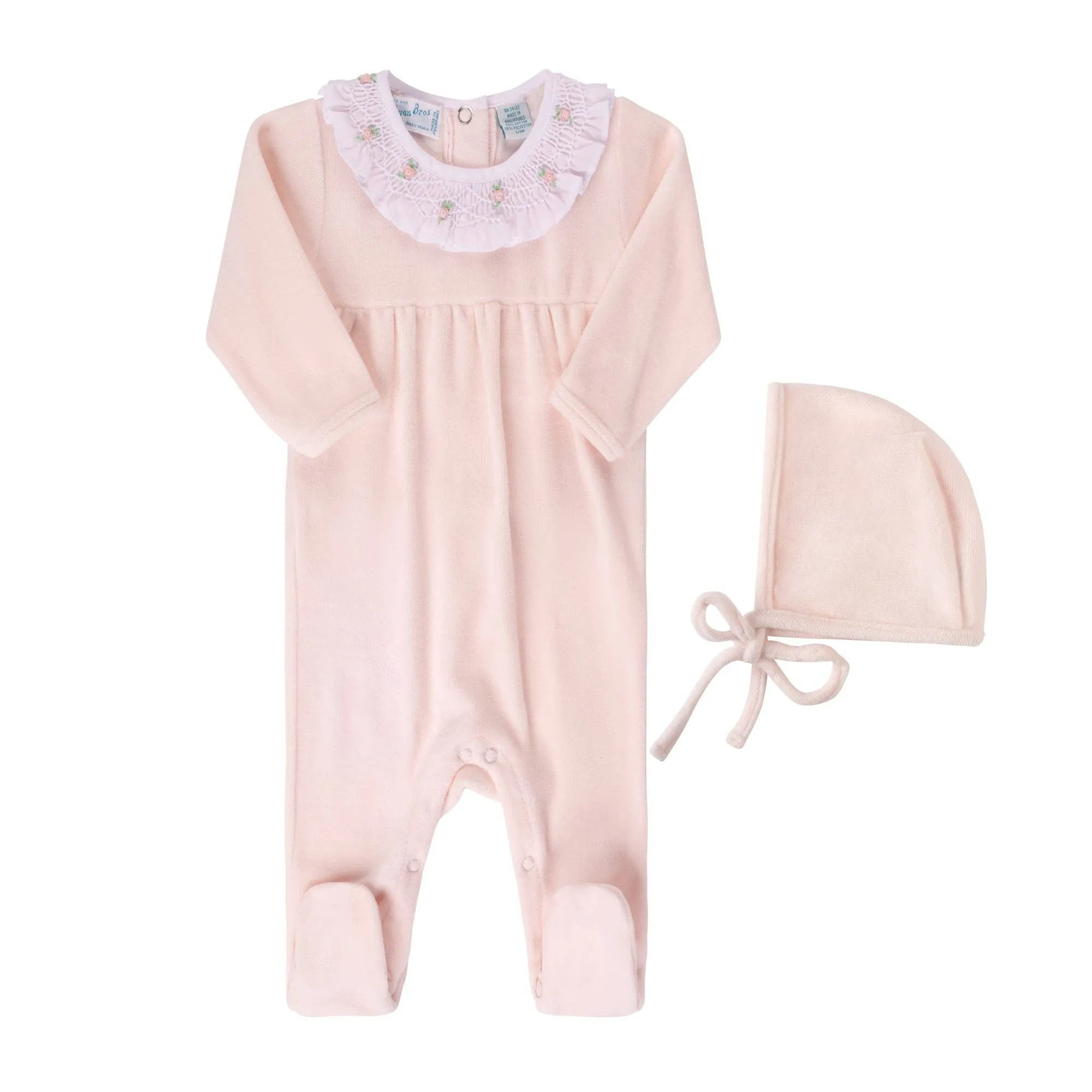 Baby Girl Velour Smocked Collar Romper w/Hat