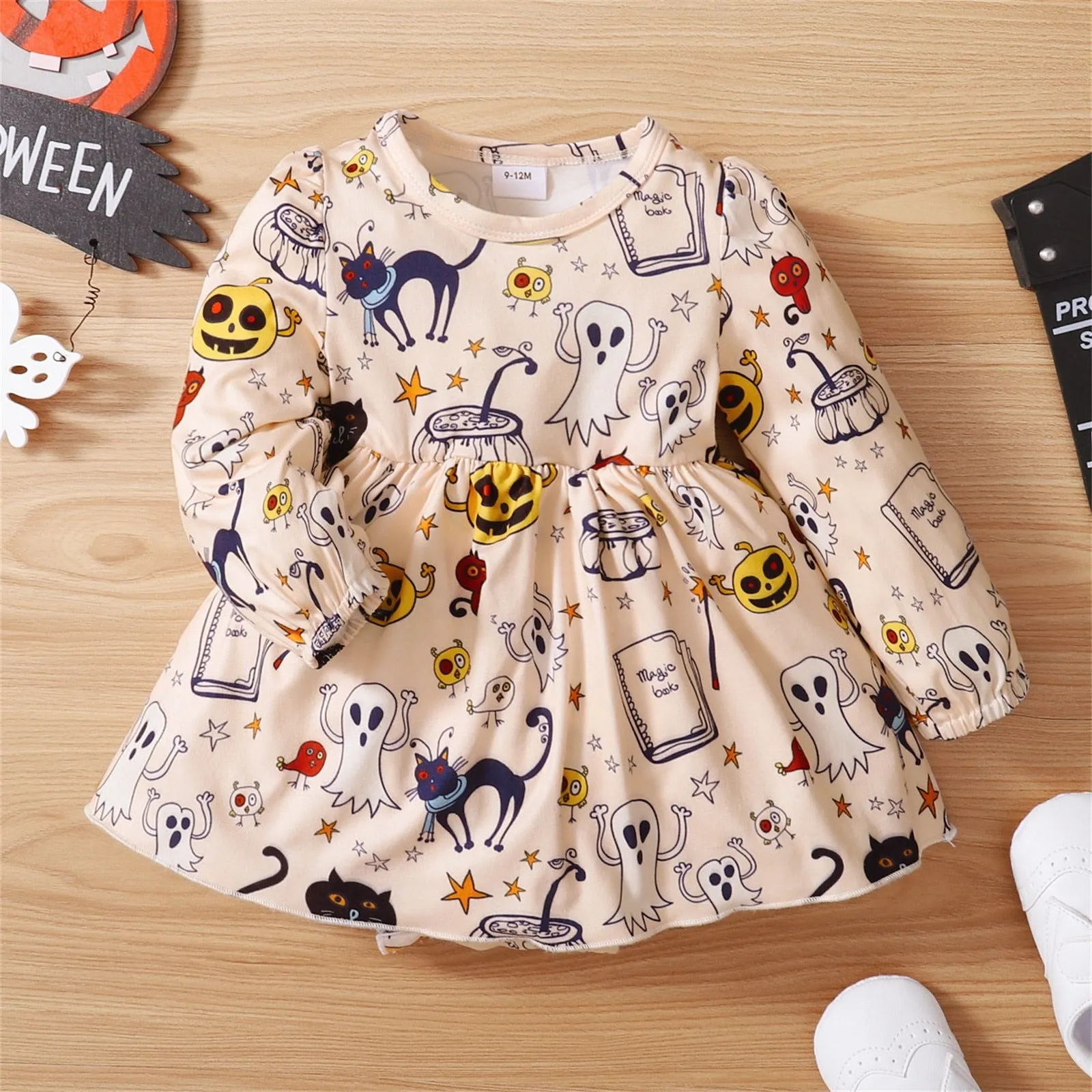 Baby Girls Halloween Long Leeves Baby Romper Pumpkin Ghost Cat Beige Skirt