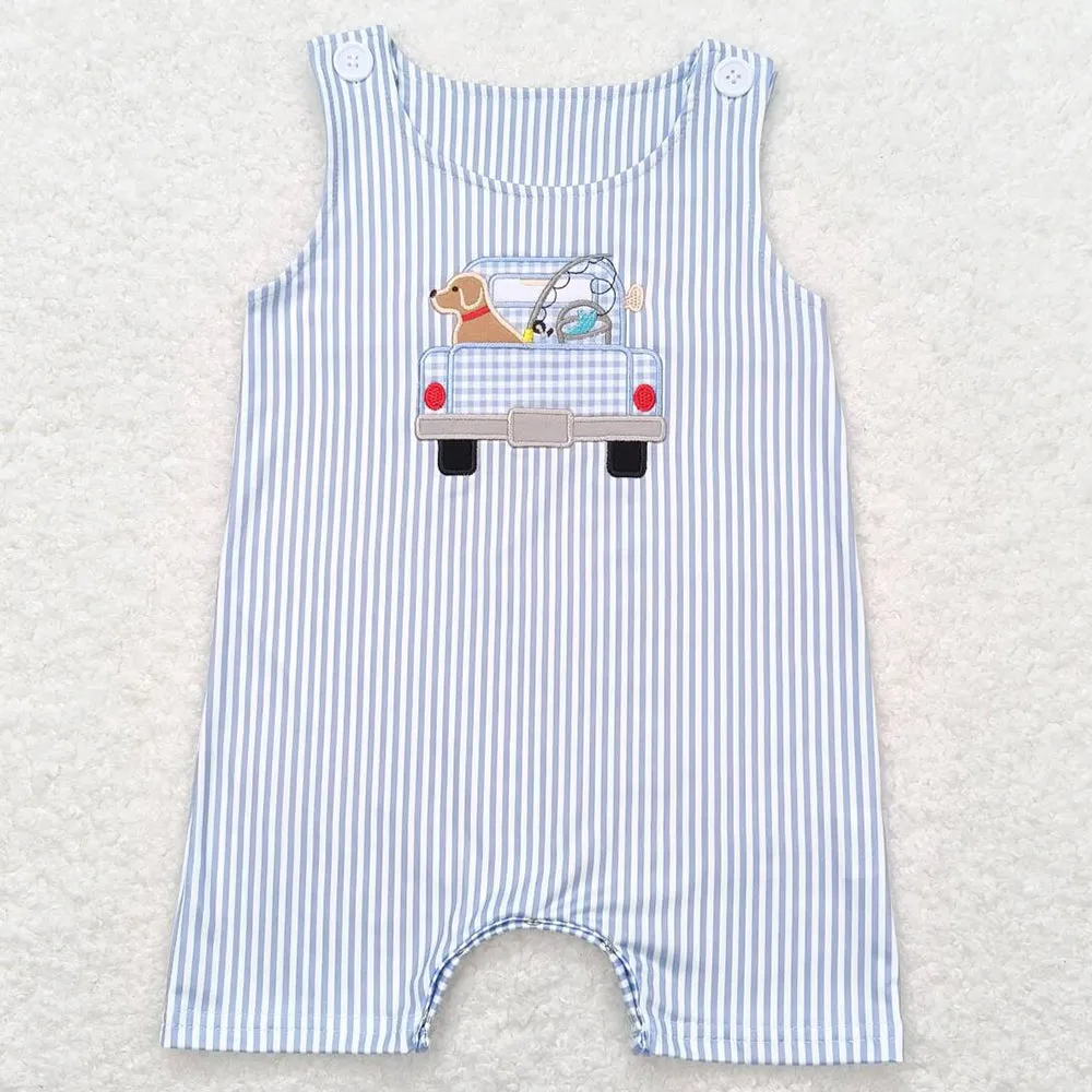 Baby Infant Boys Romper Blue Stripes Dog Fishing Summer Sleeveless Rompers SR1170