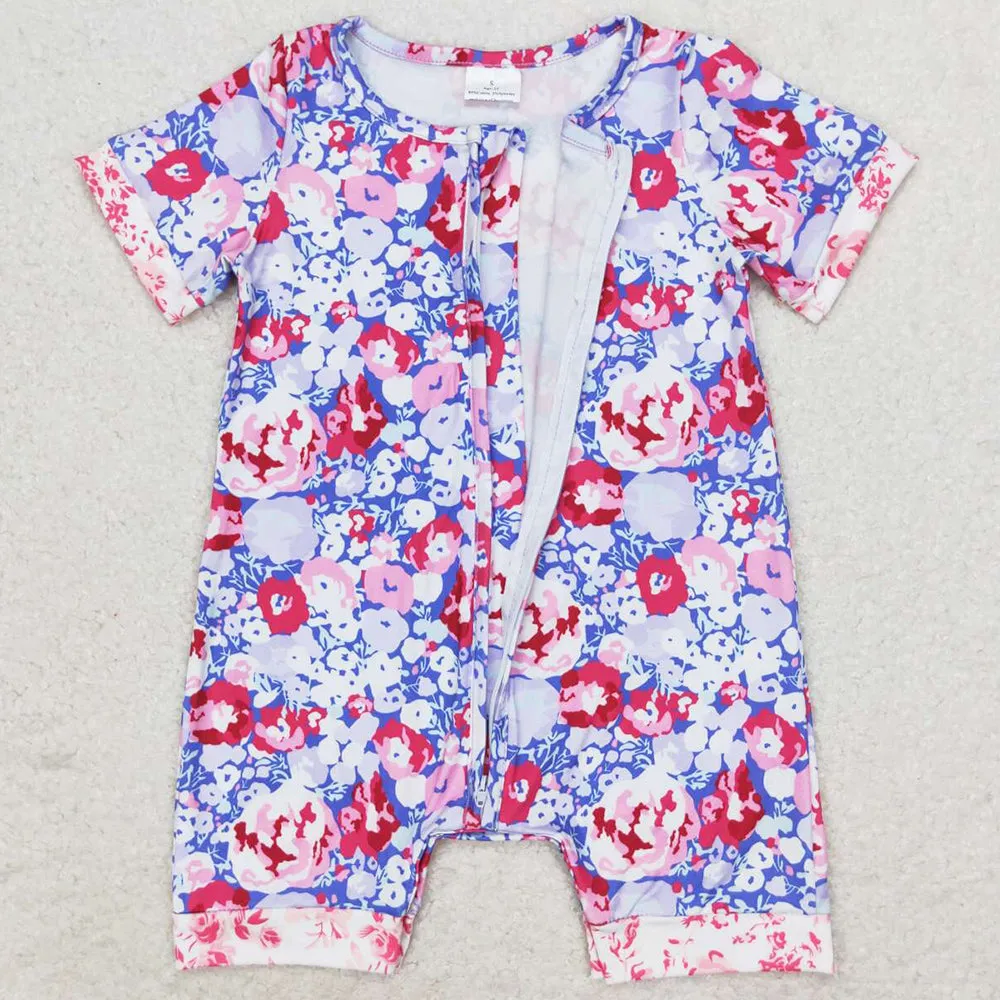 Baby Infant Girls Rmper Purple Flowers Zip Short Sleeve Rompers SR1767