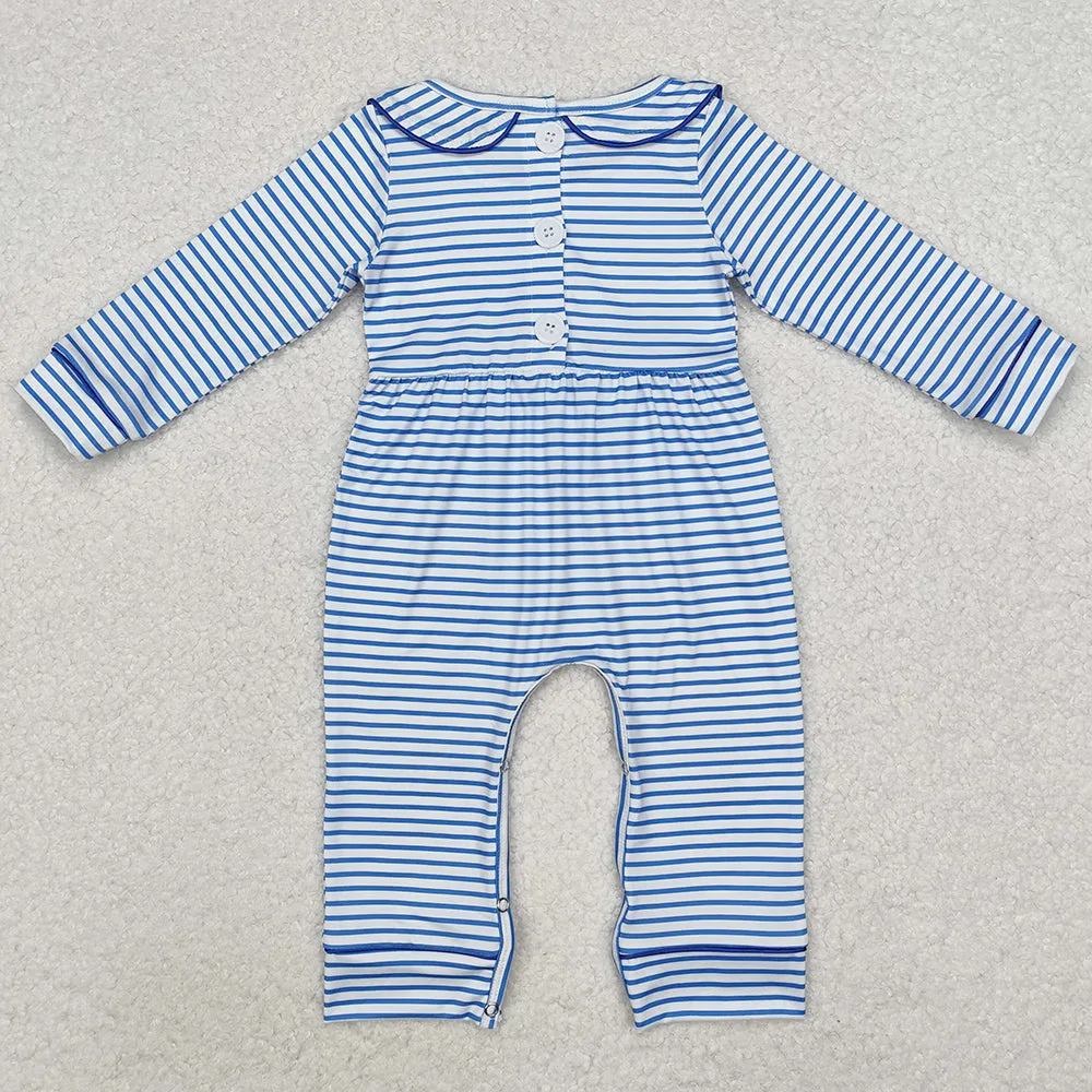 Baby Infant Girls Rompers Blue Stripes Dog Long Sleeve Rompers LR1447