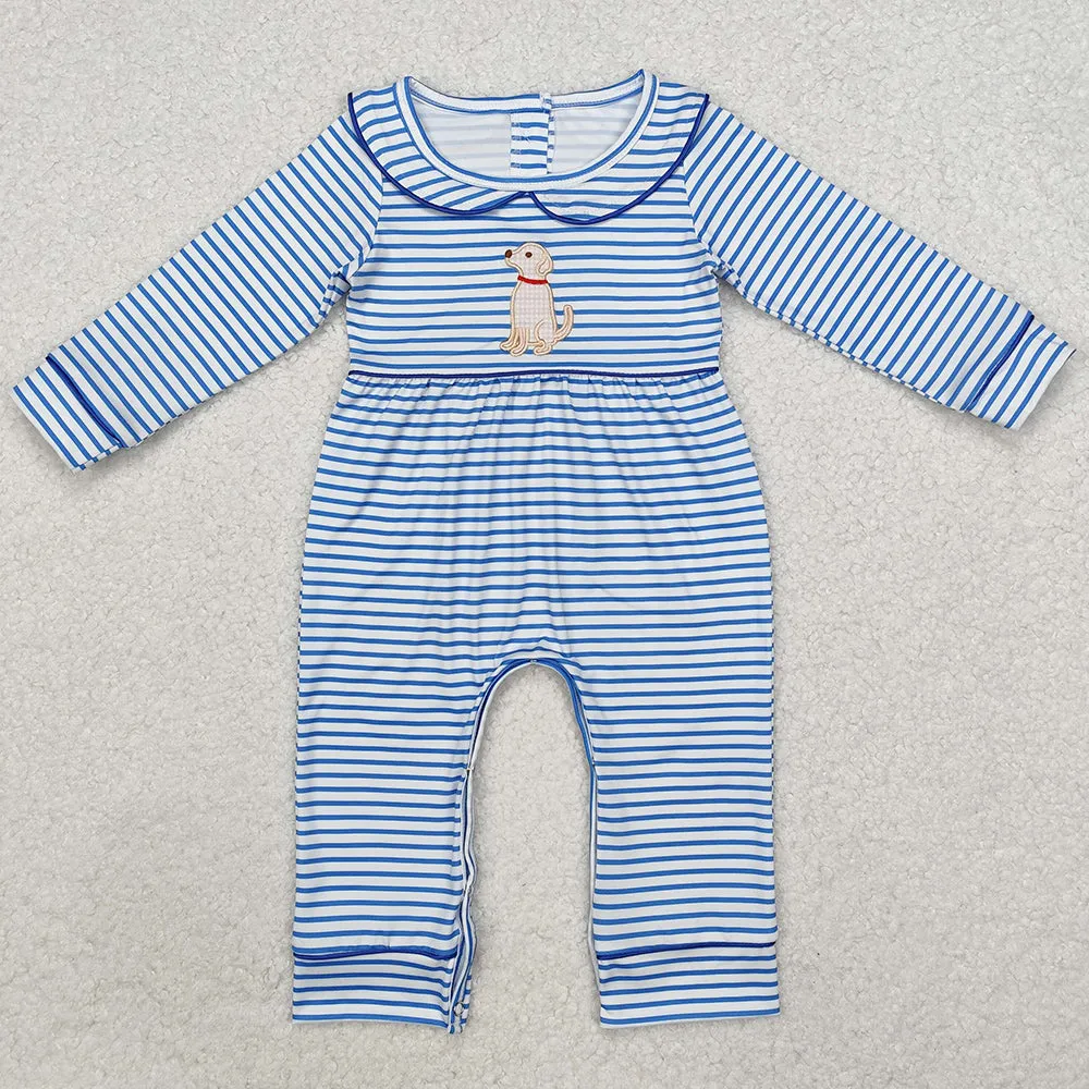 Baby Infant Girls Rompers Blue Stripes Dog Long Sleeve Rompers LR1447