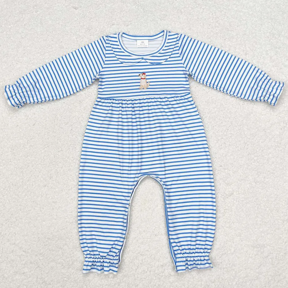 Baby Infant Girls Rompers Blue Stripes Dog Long Sleeve Rompers LR1448