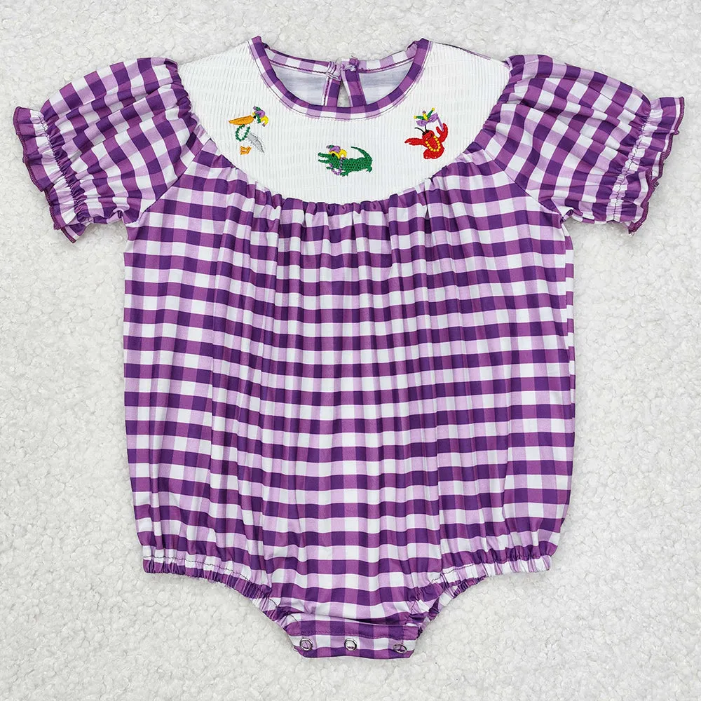 Baby Infant Girls Rompers Mardi Gras Purple Checkered Smocked Rompers SR2060