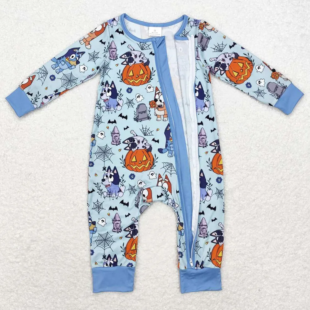 Baby Infant Kids Rompers Halloween Blue Dogs Spider Zip Long Sleeve Rompers LR1482