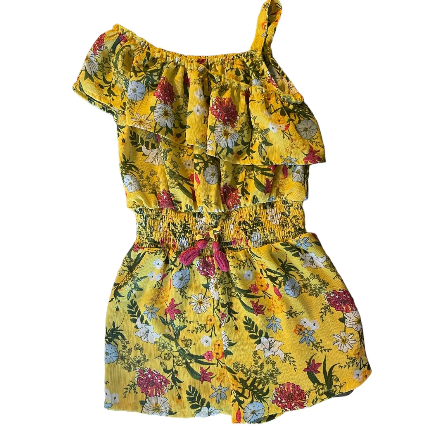 BCBGirls Yellow One Shoulder Floral Romper Size Medium 10/12