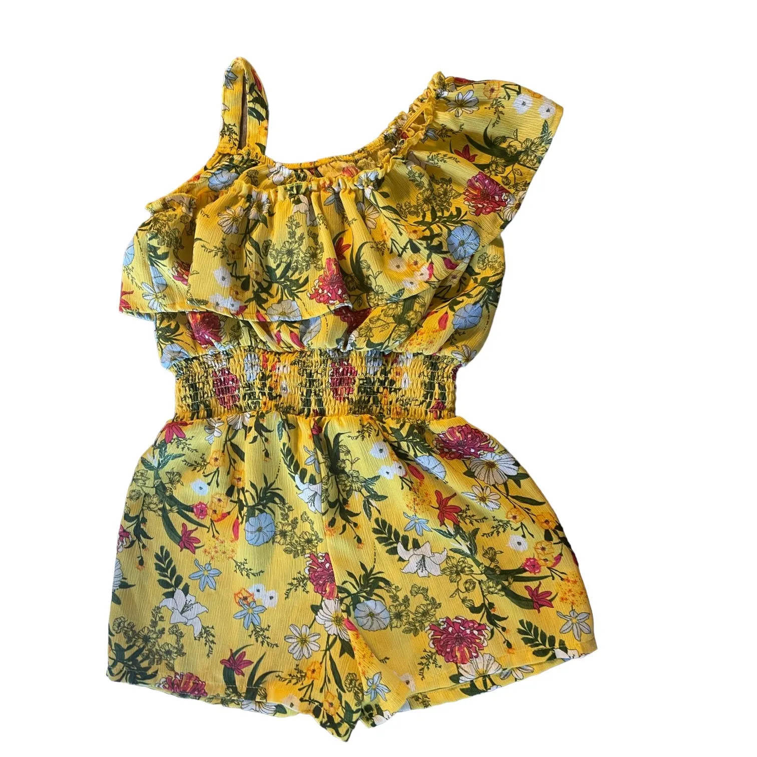 BCBGirls Yellow One Shoulder Floral Romper Size Medium 10/12