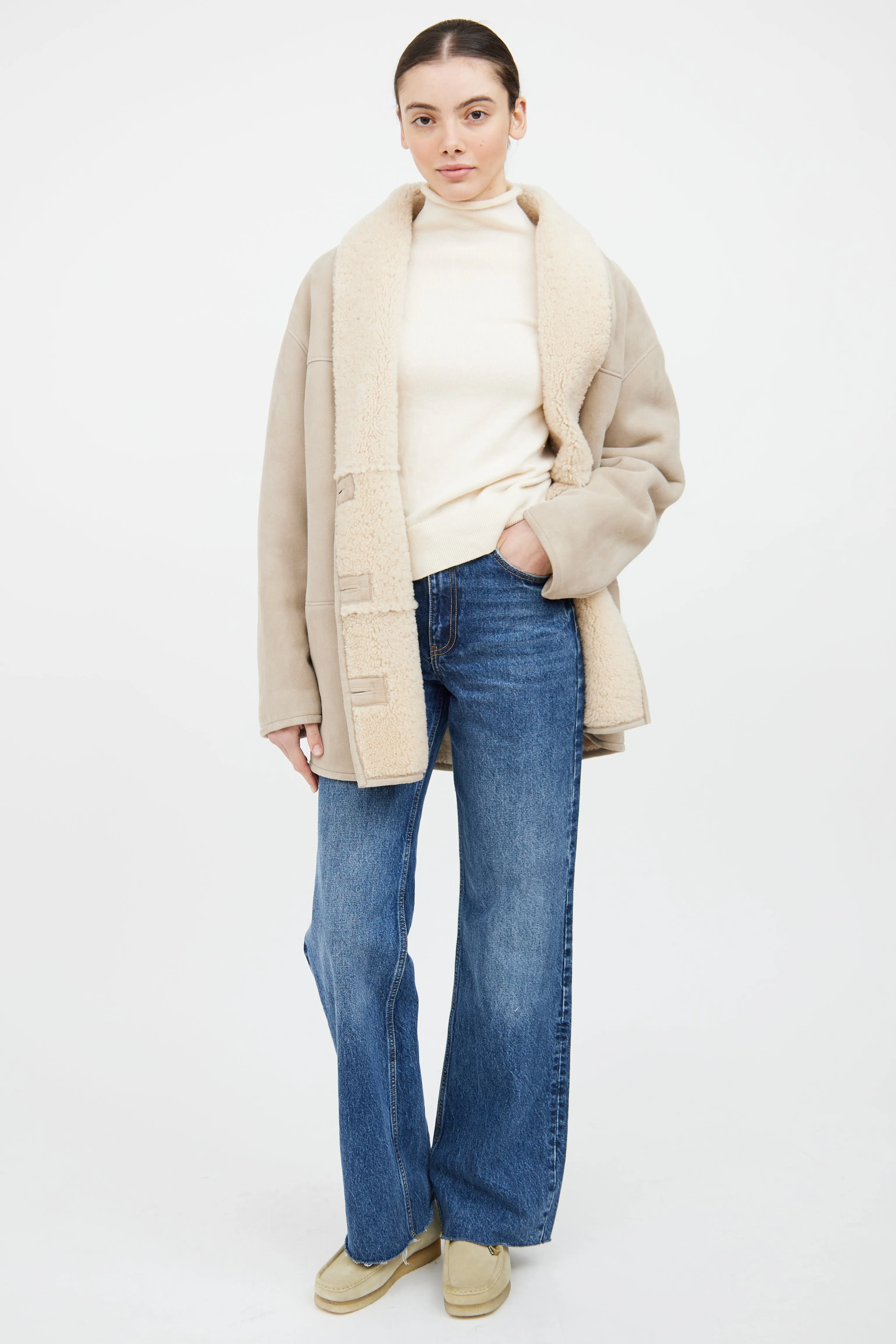 Beige Shearling Double Breasted Jacket