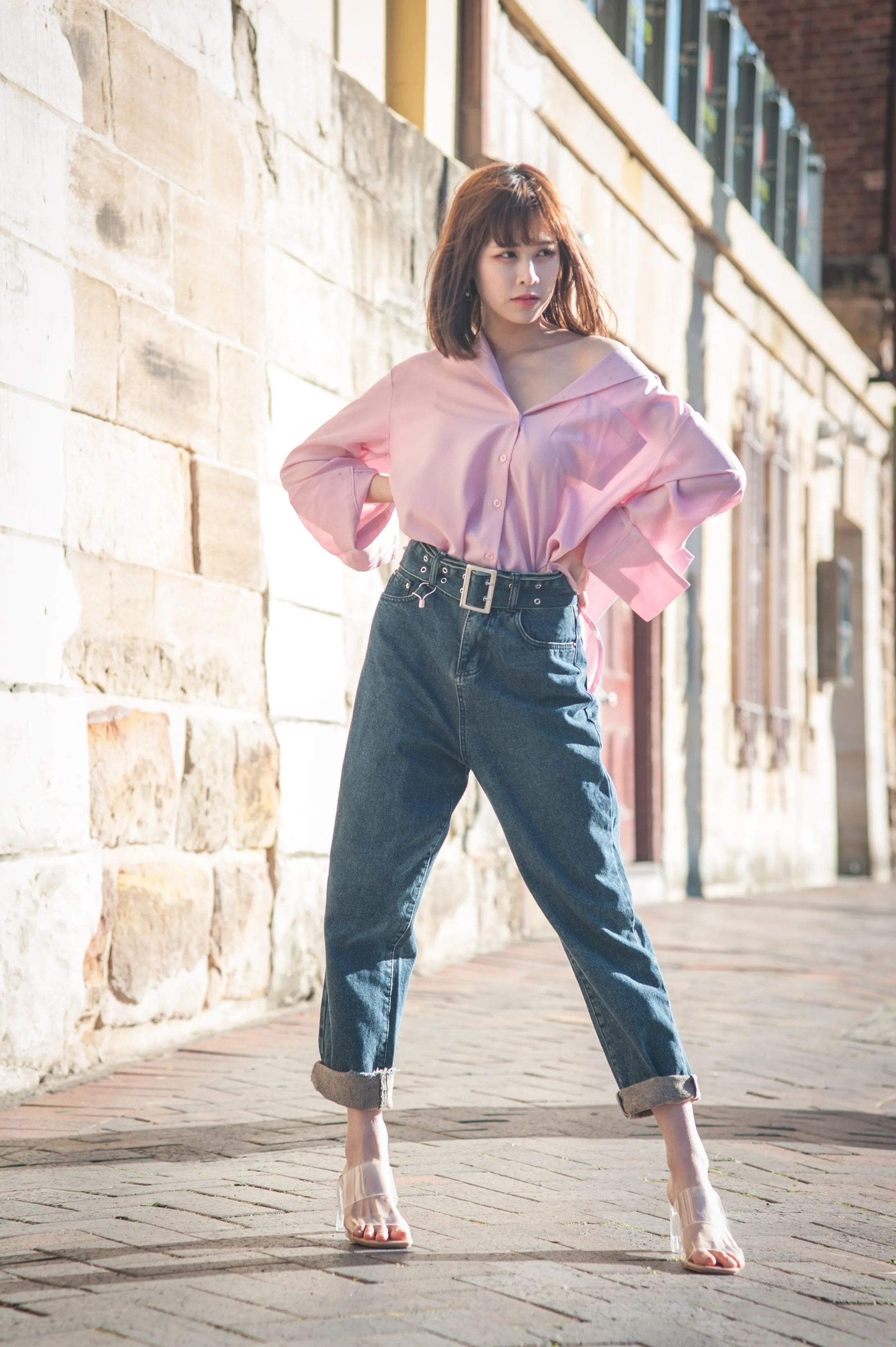 Belted High Waist Blue Jeans