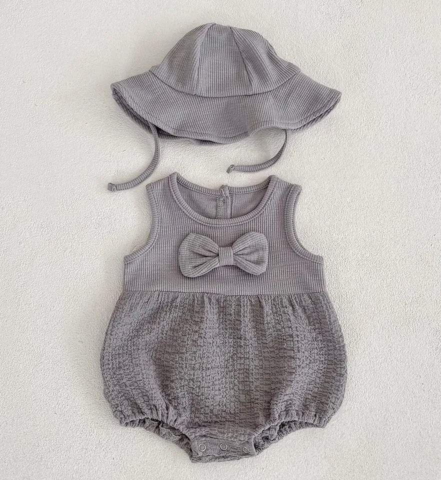 Bizzi Growin Bow Cotton Romper And Sun Hat 2 Colours