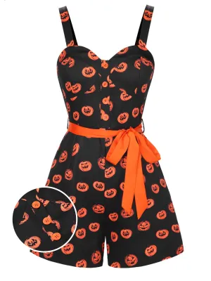 Black 1950s Halloween Pumpkin Face Romper