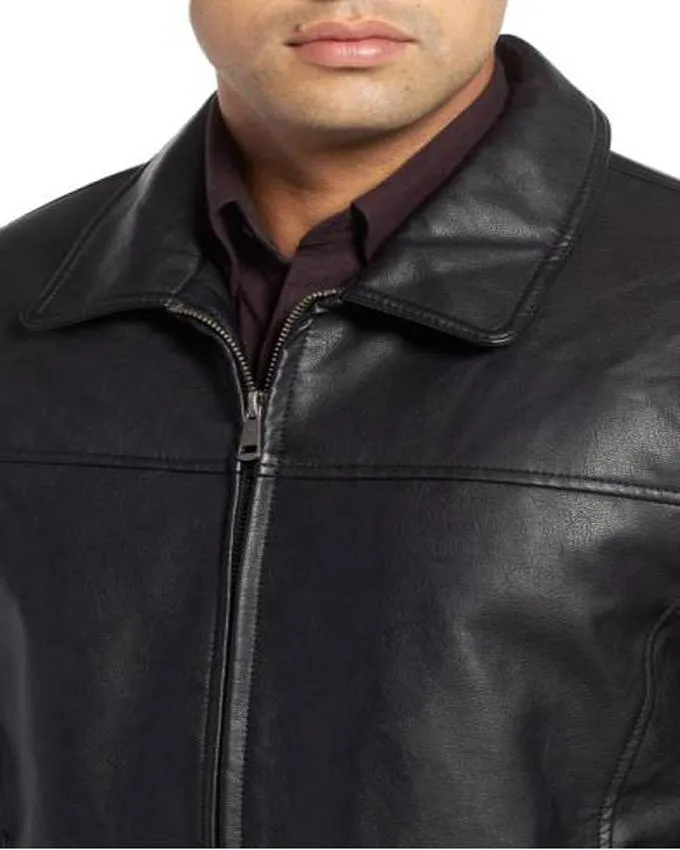 Black Leather Straight Zipper Jacket for Men