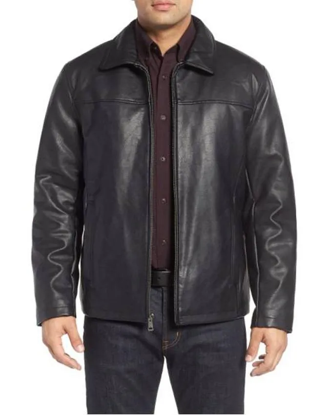 Black Leather Straight Zipper Jacket for Men