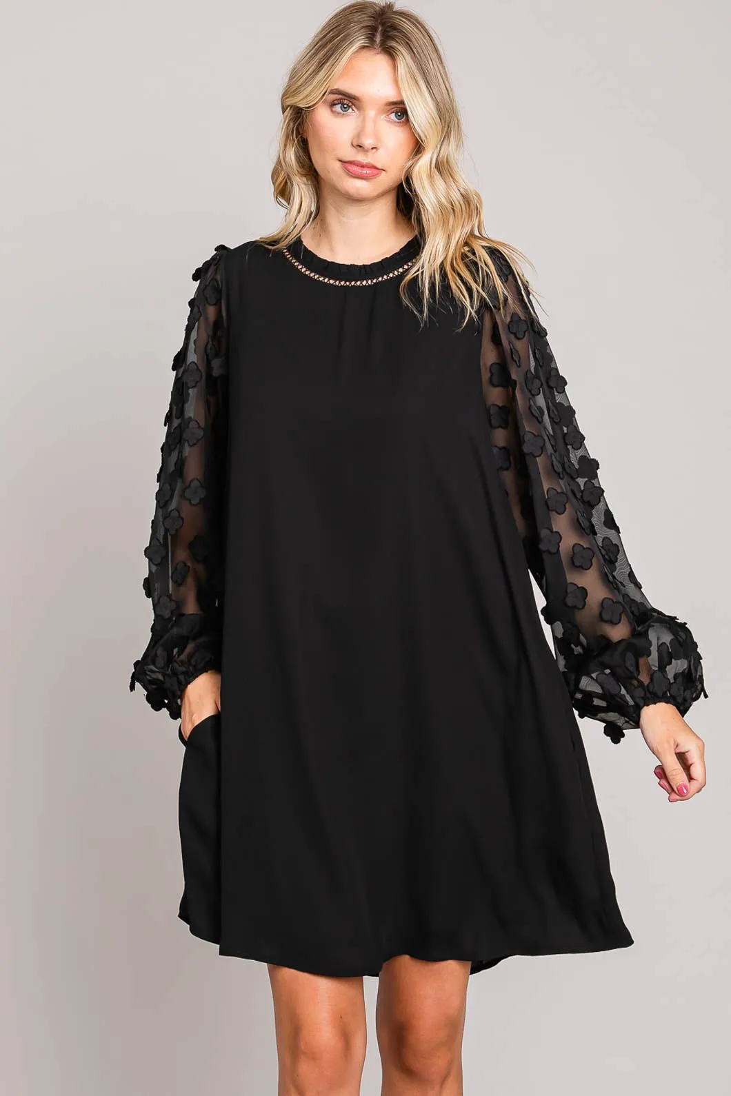 Black Shift Dress w/Applique Sleeves