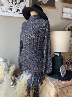 Black Smocked Long Sleeve Mock Neck Dress