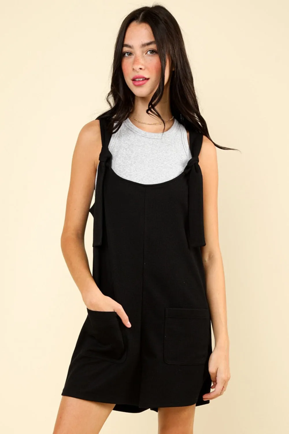 Black Tie Shoulder Front Pocket Romper