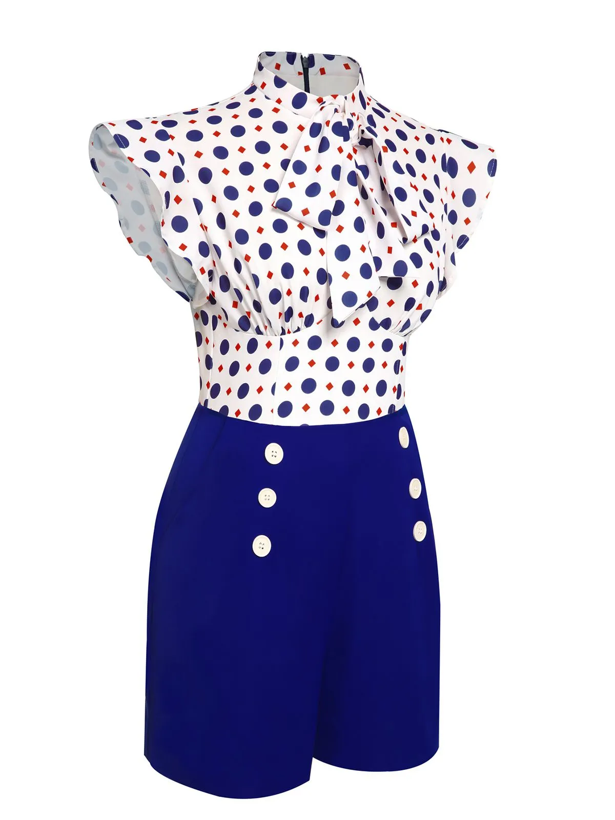 Blue 1950s Polka Dot Buttoned Romper