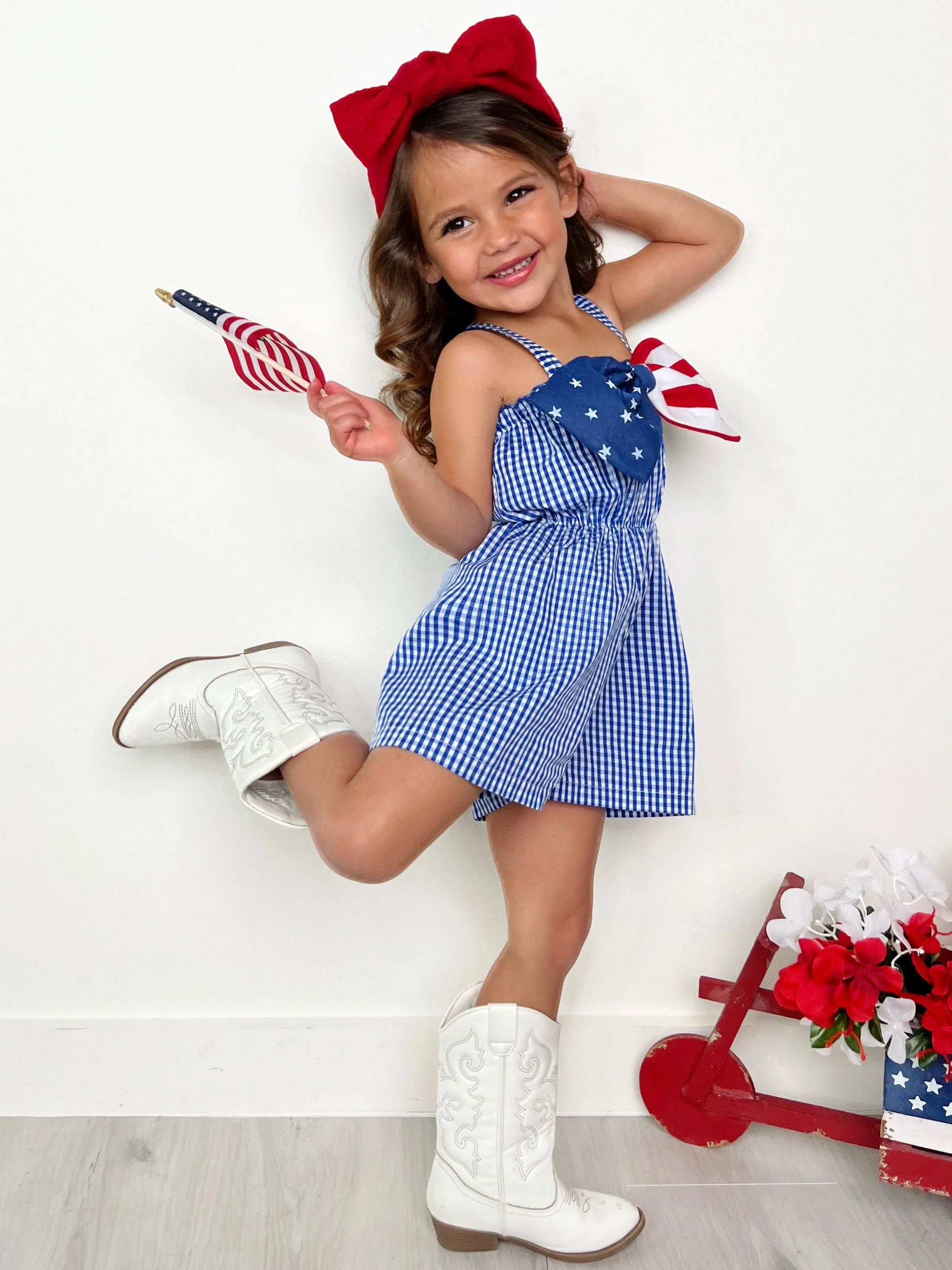 Blue Belle Americana Bow Gingham Romper