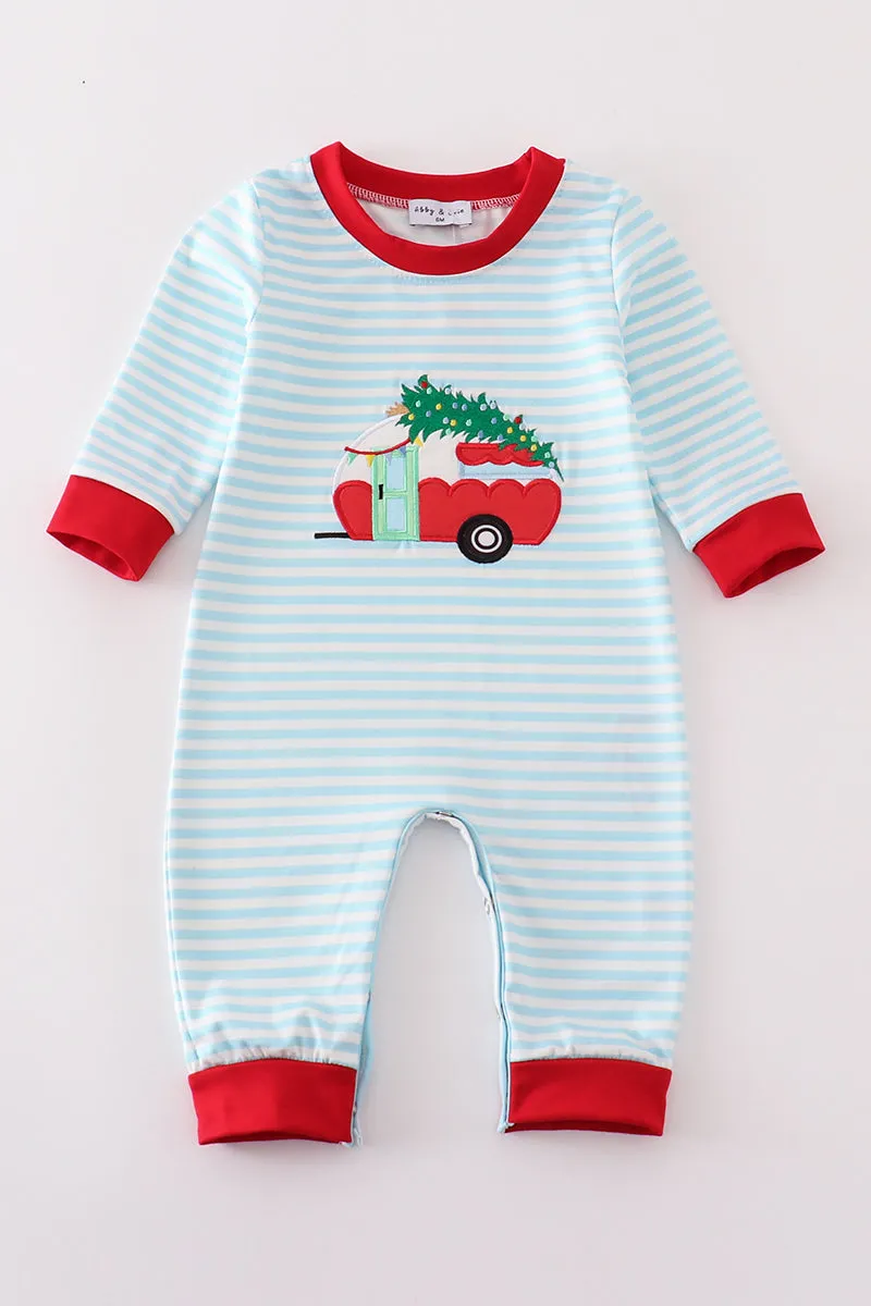 Blue christmas camper van applique boy romper