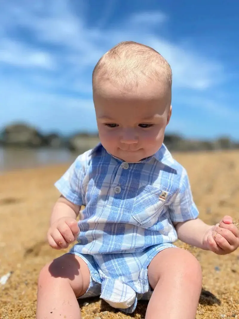 Blue plaid polo romper | Me & Henry