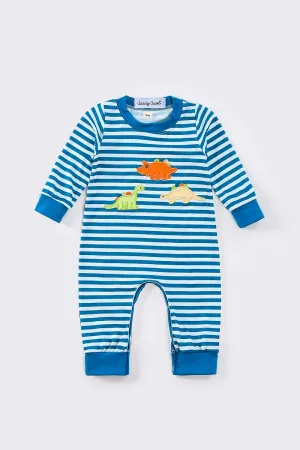 Blue stripe dinosaur applique boy romper