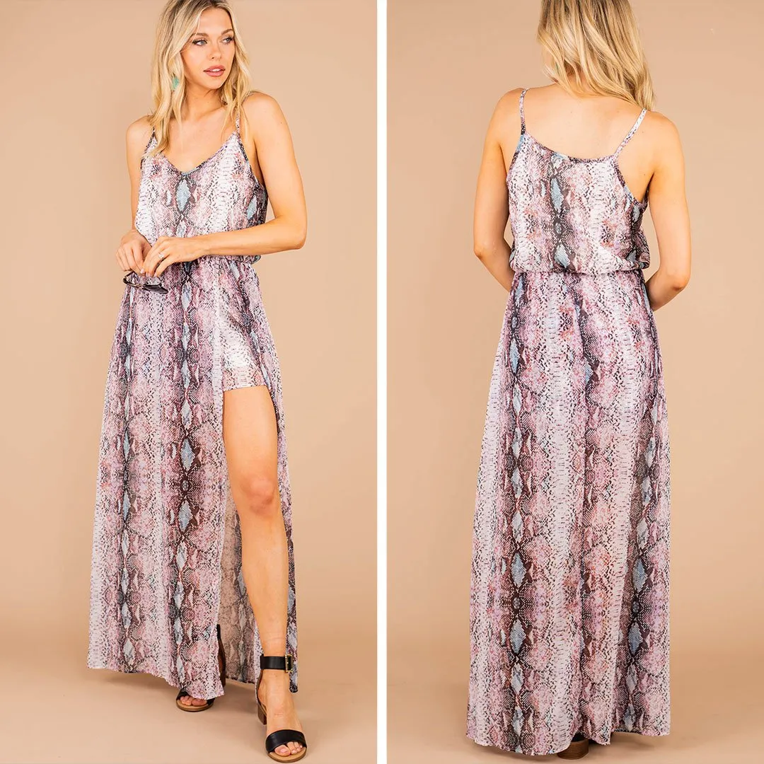 Born With The Sass Ivory And Lavender Snake Print Maxi Romper